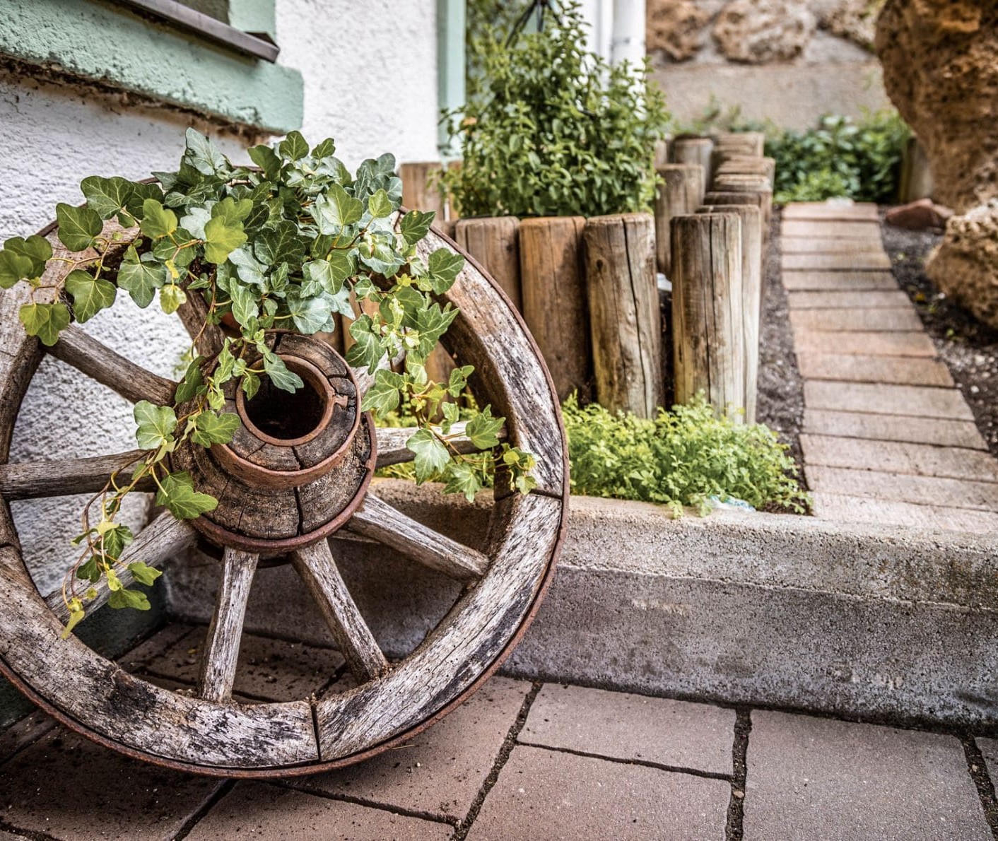 Ein altes Holzrad, mit Efeu bewachsen, als Dekoration am Reithof © Bernd Suppan