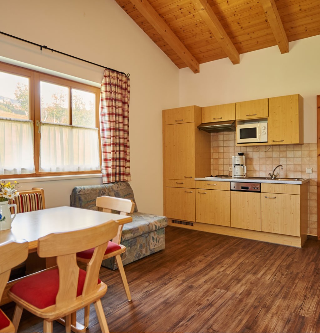 Geräumige Wohnküche mit Küchenzeile, Essecke und Flat-TV