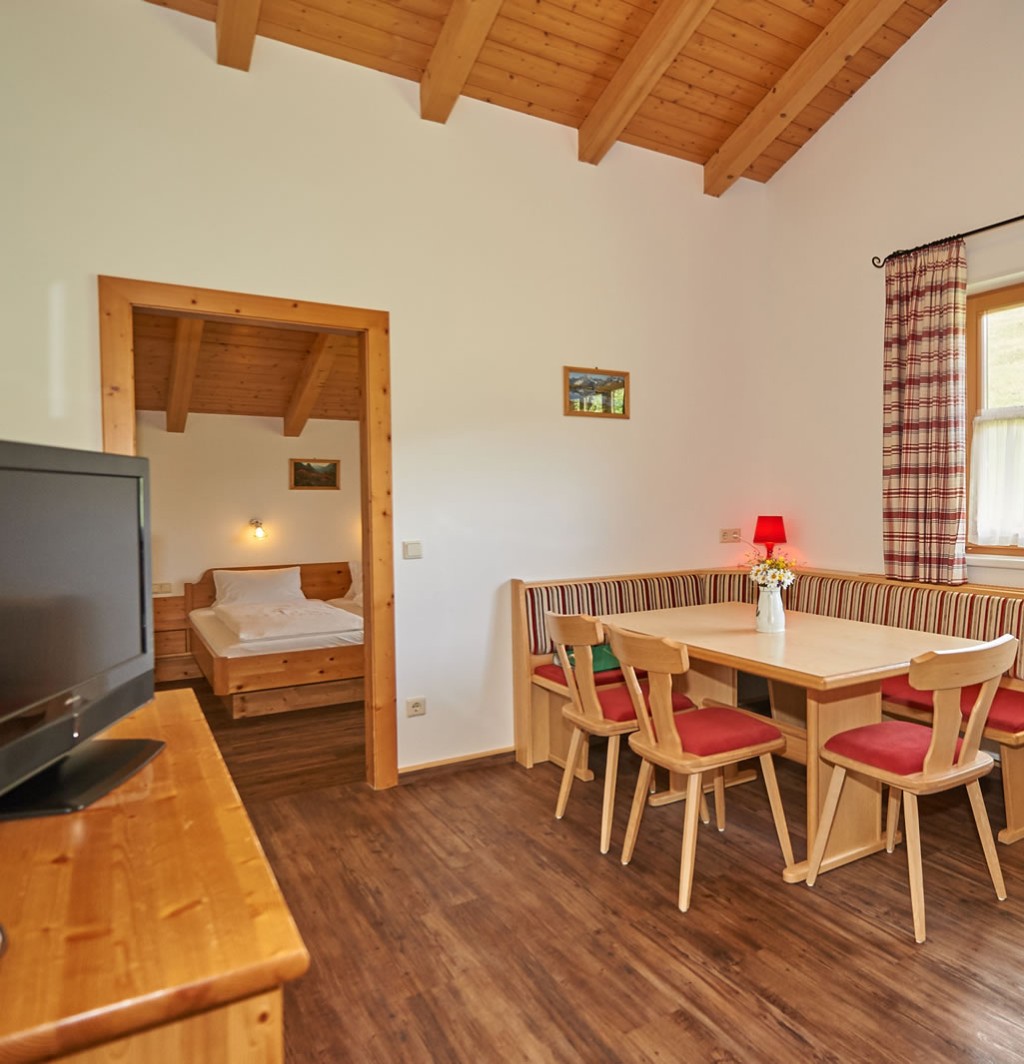 Geräumige Wohnküche mit Küchenzeile, Essecke und Flat-TV